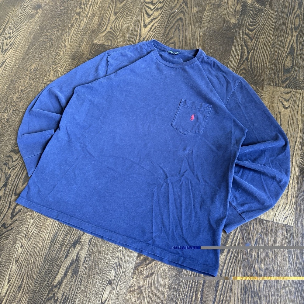 Vintage Polo Ralph Lauren Pocket T Shirt XL Navy Blue Long Sleeve Boxy 90s Mens